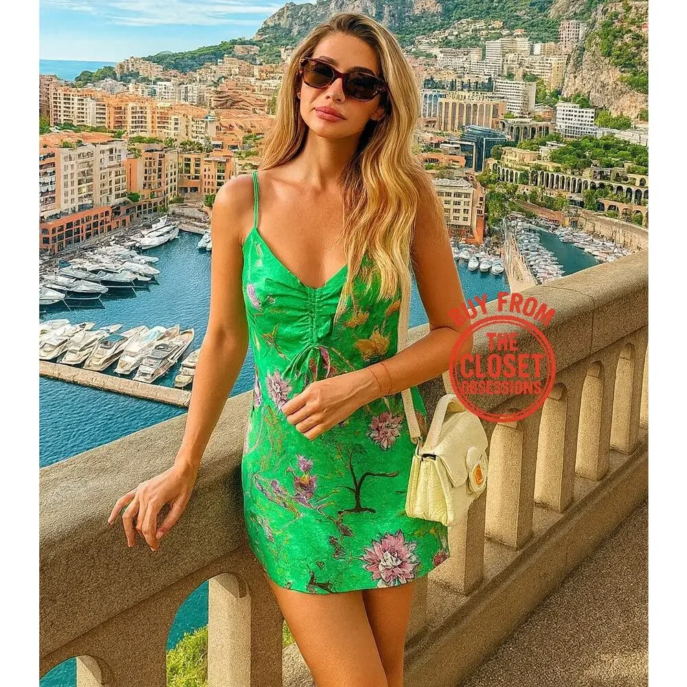 ZARA Green Floral Slip Mini Dress NWT – V-Neck Ruched Tie Spaghetti Strap, SZ M - Picture 2 of 16